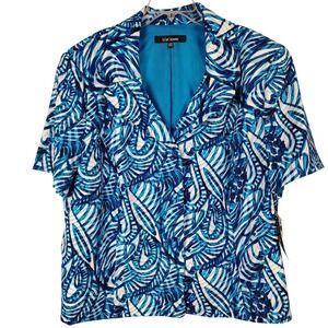 Le Suit Separates Womens 24W Short Sleeve Blazer Blue White Abstract Swirl NWT‎